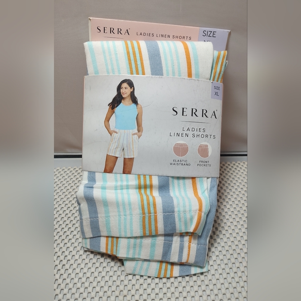 Serra Women's Size XL (16-18) Linen Shorts White/Blue/Orange NWT